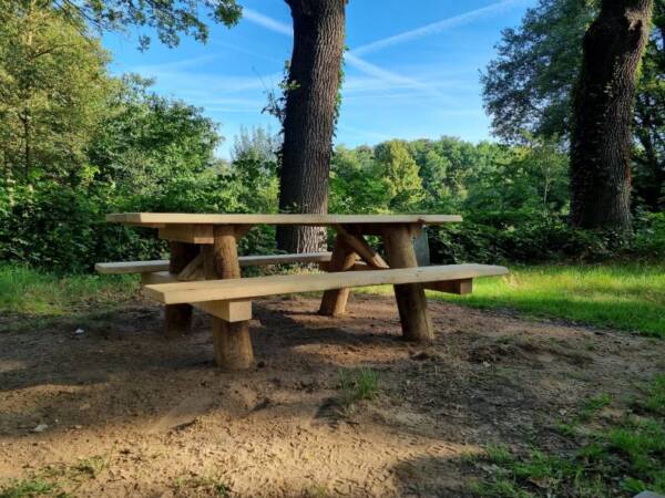 Eikenhouten picknicktafel plaatsen in bos
